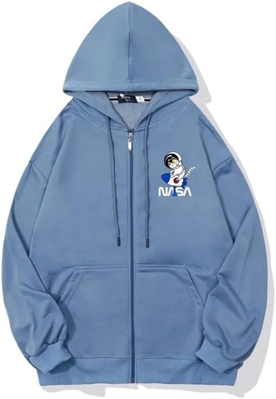 CORIRESHA Space Astronaut Cat Zip Hoodie Drawstring Rocket NASA Sweatshirt