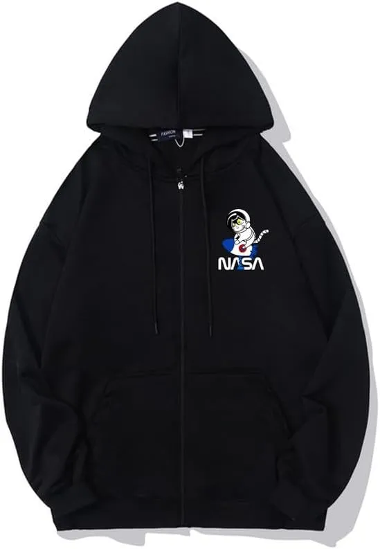 CORIRESHA Space Astronaut Cat Zip Hoodie Drawstring Rocket NASA Sweatshirt