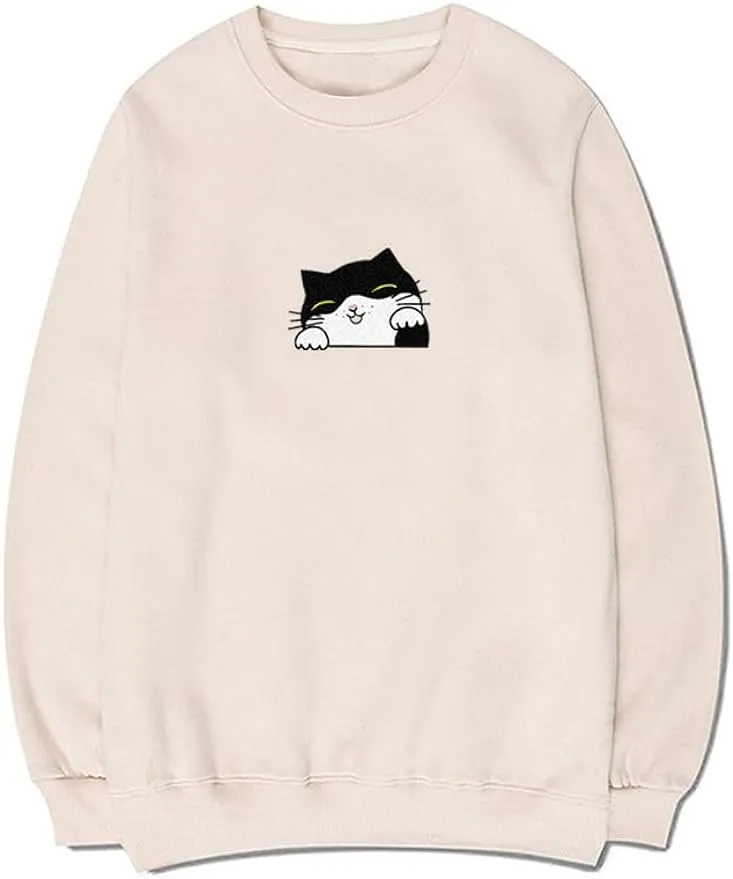 CORIRESHA Teen Cute Cat Casual Crew Neck Long Sleeve Basic Sweatshirt