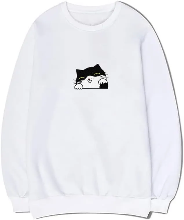 CORIRESHA Teen Cute Cat Casual Crew Neck Long Sleeve Basic Sweatshirt