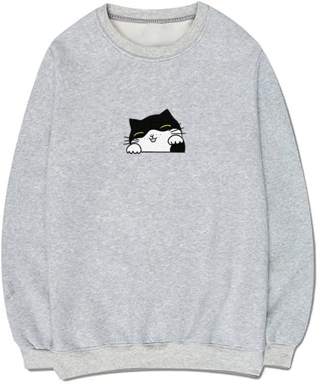 CORIRESHA Teen Cute Cat Casual Crew Neck Long Sleeve Basic Sweatshirt