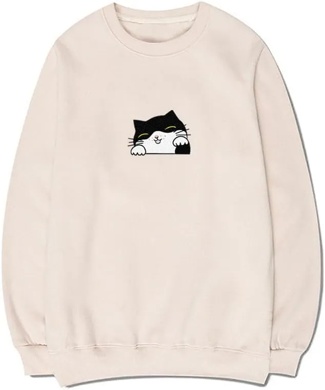 CORIRESHA Teen Cute Cat Casual Crew Neck Long Sleeve Basic Sweatshirt