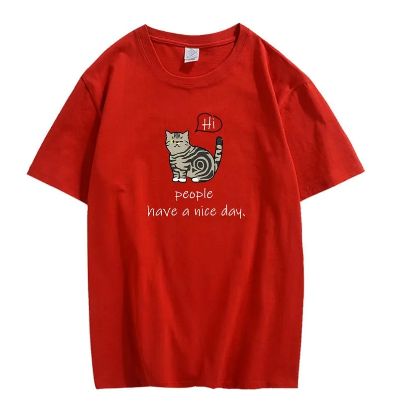 CORIRESHA Teen Cute Cat Crewneck Short Sleeve Casual Personalized Letter T-Shirt