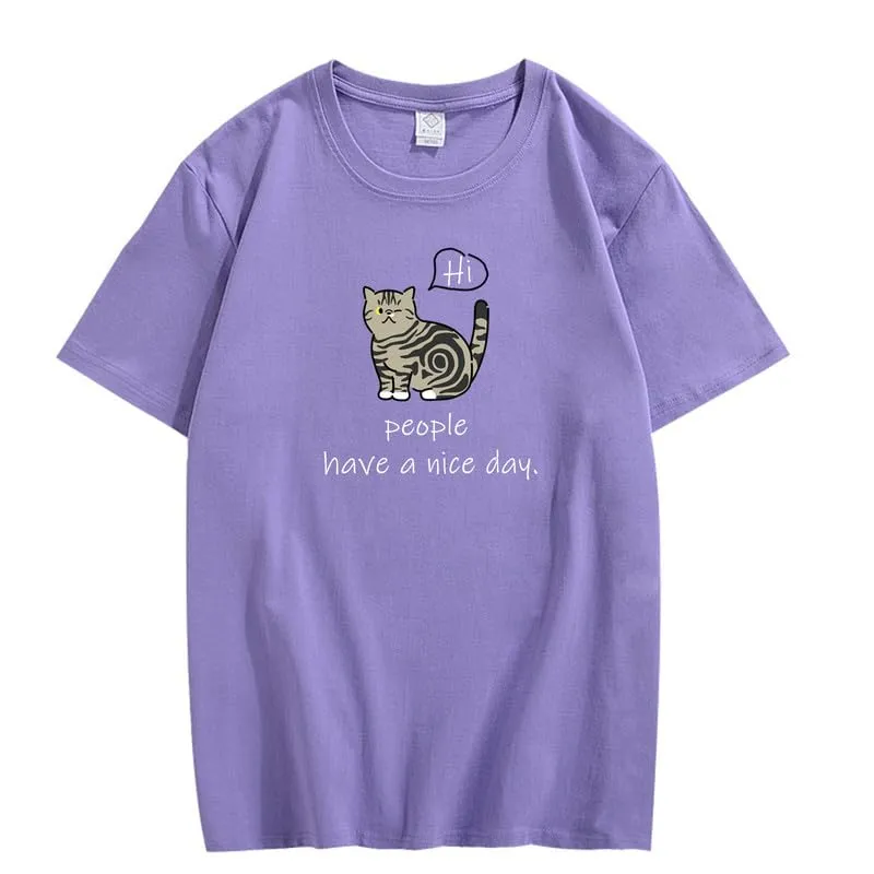 CORIRESHA Teen Cute Cat Crewneck Short Sleeve Casual Personalized Letter T-Shirt