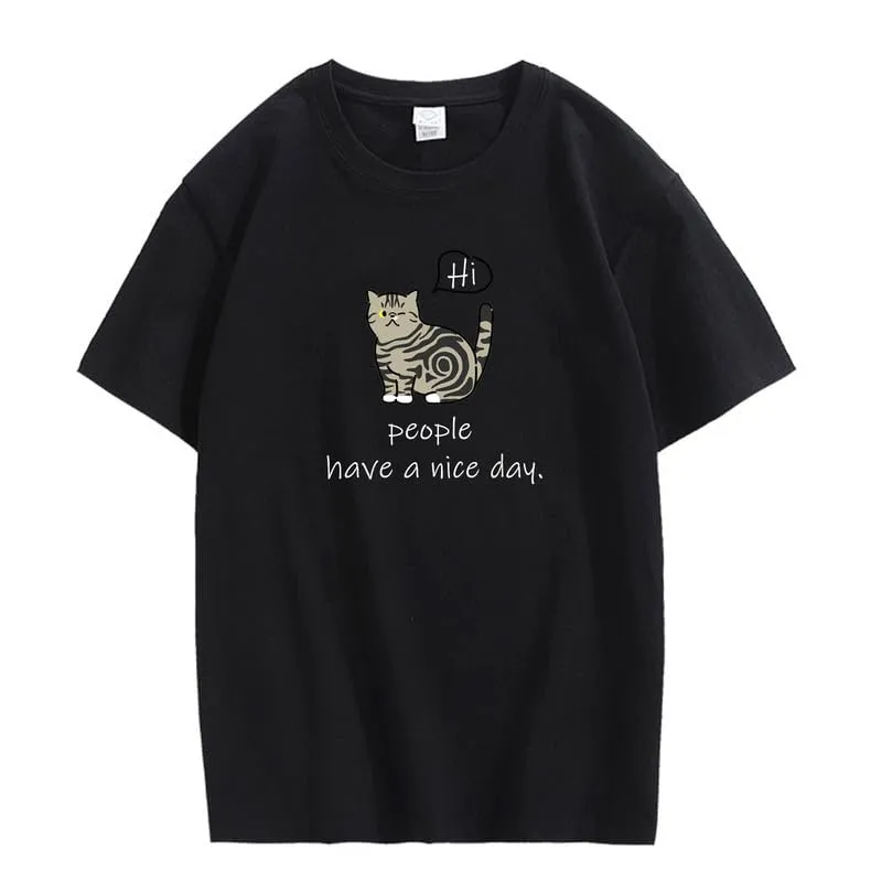 CORIRESHA Teen Cute Cat Crewneck Short Sleeve Casual Personalized Letter T-Shirt