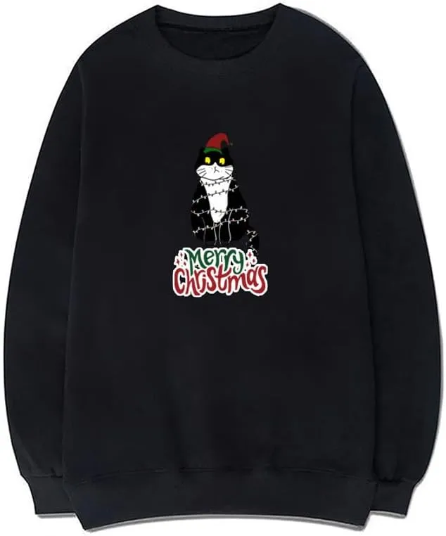 CORIRESHA Teen Cute Christmas Cat Crew Neck Long Sleeve Cozy Pullover Sweatshirt