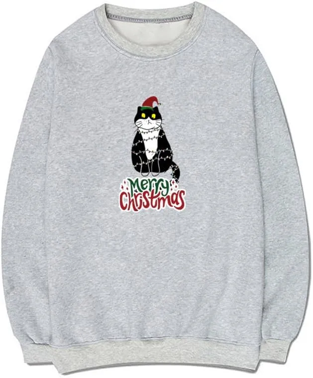 CORIRESHA Teen Cute Christmas Cat Crew Neck Long Sleeve Cozy Pullover Sweatshirt