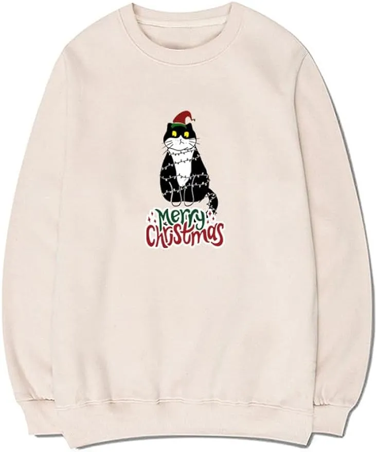 CORIRESHA Teen Cute Christmas Cat Crew Neck Long Sleeve Cozy Pullover Sweatshirt