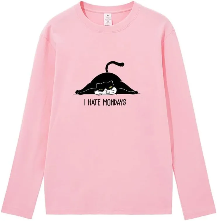 CORIRESHA Teen Cute Lazy Cat Print Crewneck Long Sleeve Casual Cotton T-Shirt