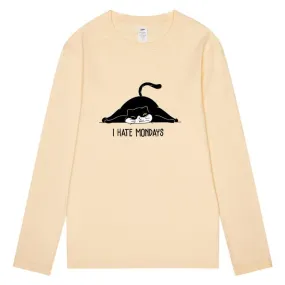 CORIRESHA Teen Cute Lazy Cat Print Crewneck Long Sleeve Casual Cotton T-Shirt