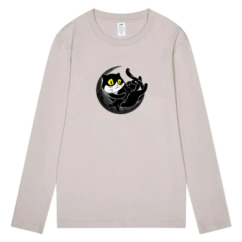 CORIRESHA Teen Fall Funny Cat Moon Crew Neck Long Sleeve Cotton T-Shirt