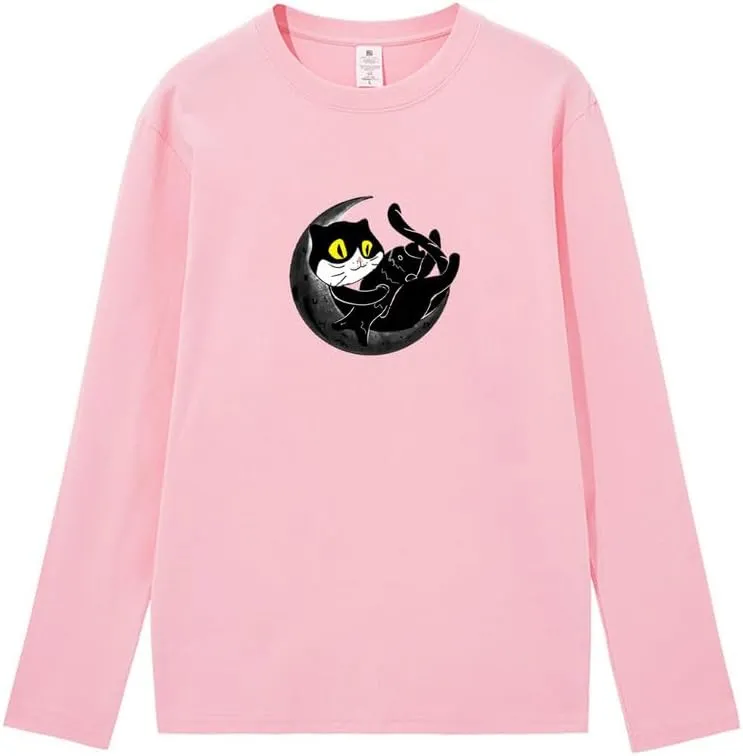 CORIRESHA Teen Fall Funny Cat Moon Crew Neck Long Sleeve Cotton T-Shirt