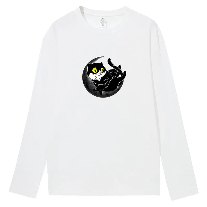 CORIRESHA Teen Fall Funny Cat Moon Crew Neck Long Sleeve Cotton T-Shirt