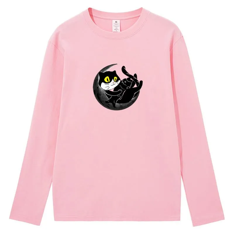 CORIRESHA Teen Fall Funny Cat Moon Crew Neck Long Sleeve Cotton T-Shirt