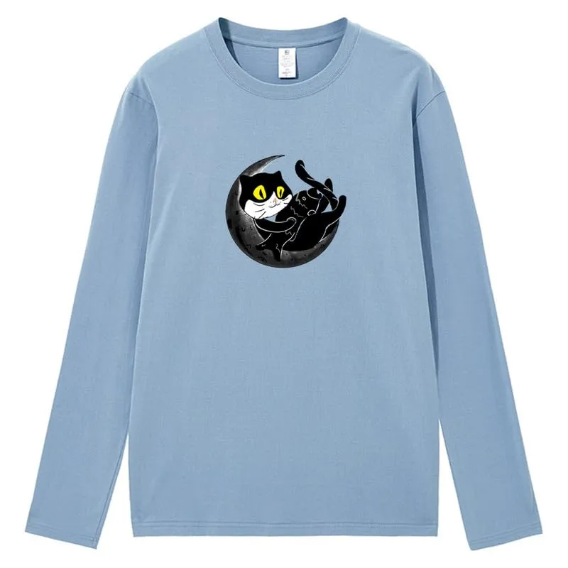 CORIRESHA Teen Fall Funny Cat Moon Crew Neck Long Sleeve Cotton T-Shirt