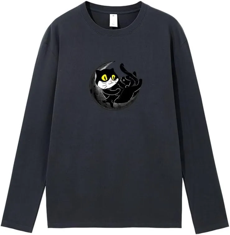 CORIRESHA Teen Fall Funny Cat Moon Crew Neck Long Sleeve Cotton T-Shirt