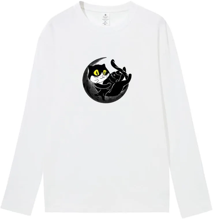 CORIRESHA Teen Fall Funny Cat Moon Crew Neck Long Sleeve Cotton T-Shirt