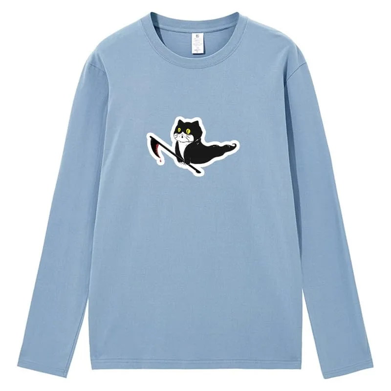 CORIRESHA Teen Ghost Cat T-Shirt Crew Neck Long Sleeve Cotton Halloween Tops