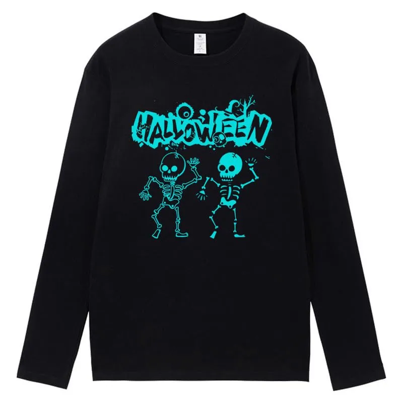 CORIRESHA Teen Halloween Skeleton Crewneck Long Sleeve Y2K Aesthetic Gothic T-Shirt