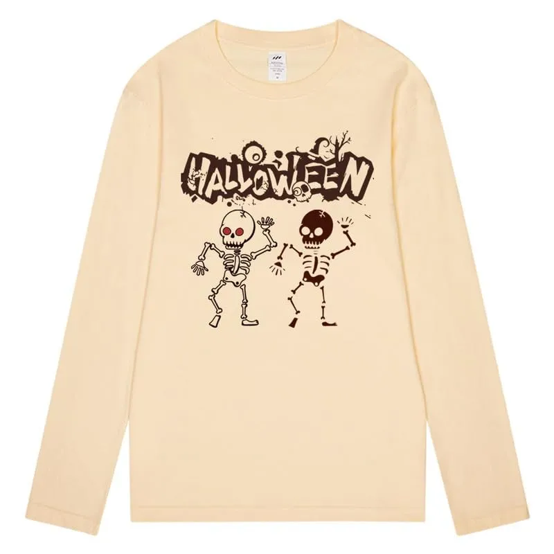 CORIRESHA Teen Halloween Skeleton Crewneck Long Sleeve Y2K Aesthetic Gothic T-Shirt