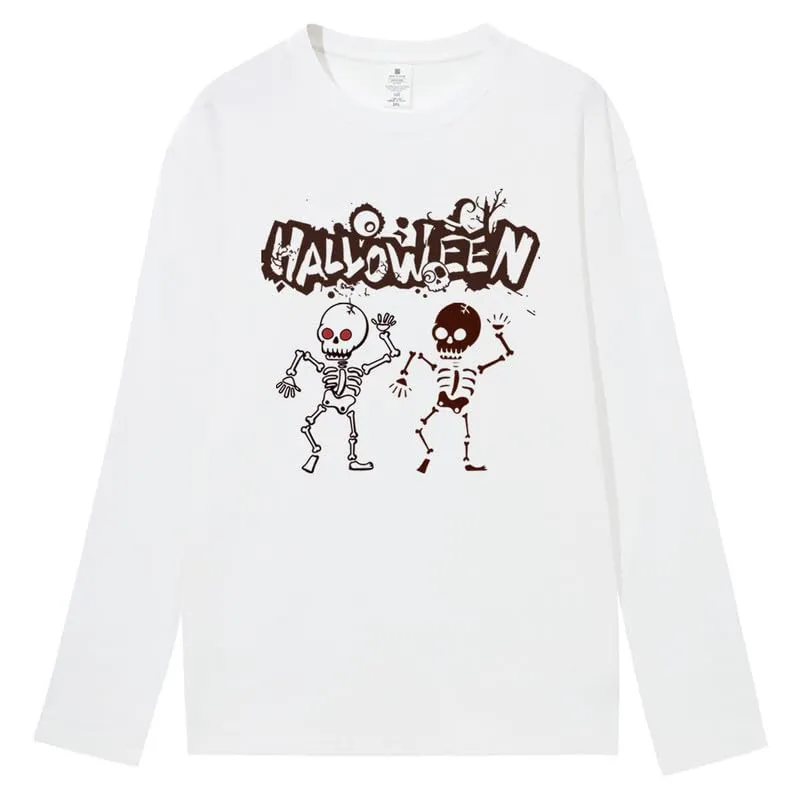 CORIRESHA Teen Halloween Skeleton Crewneck Long Sleeve Y2K Aesthetic Gothic T-Shirt