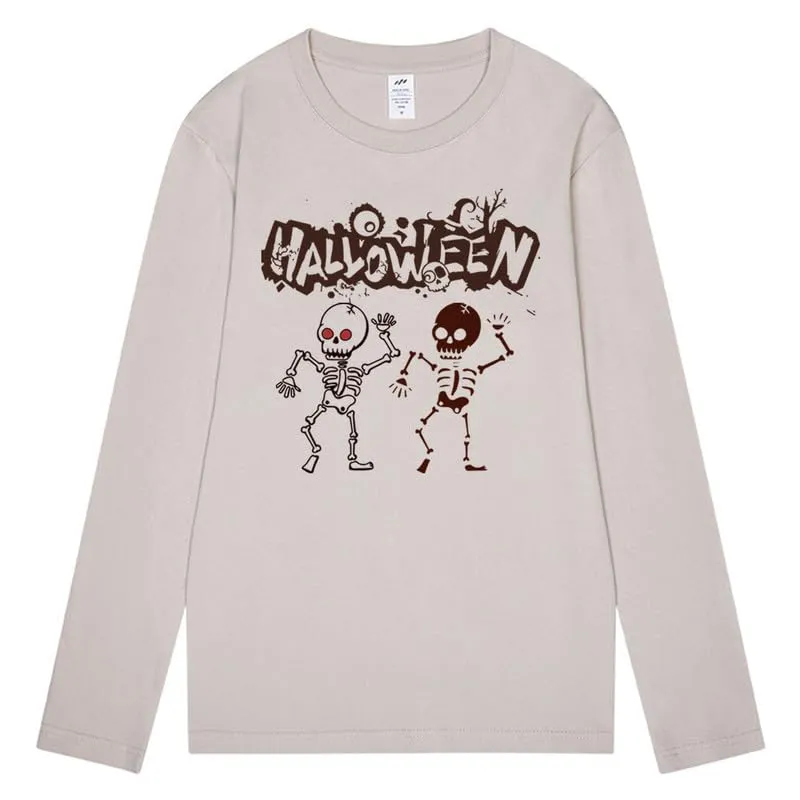 CORIRESHA Teen Halloween Skeleton Crewneck Long Sleeve Y2K Aesthetic Gothic T-Shirt