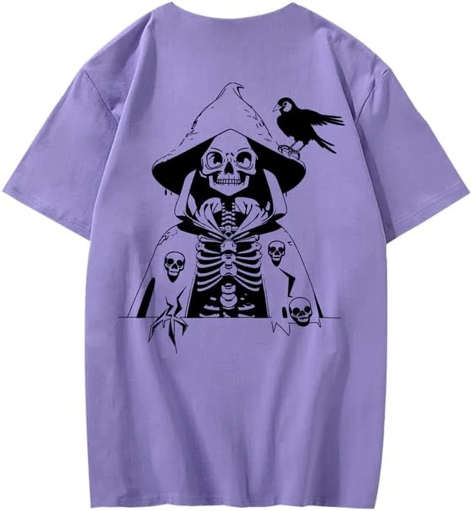 CORIRESHA Teen Skull Print T-Shirt Crewneck Short Sleeve Casual Cotton Halloween Costume