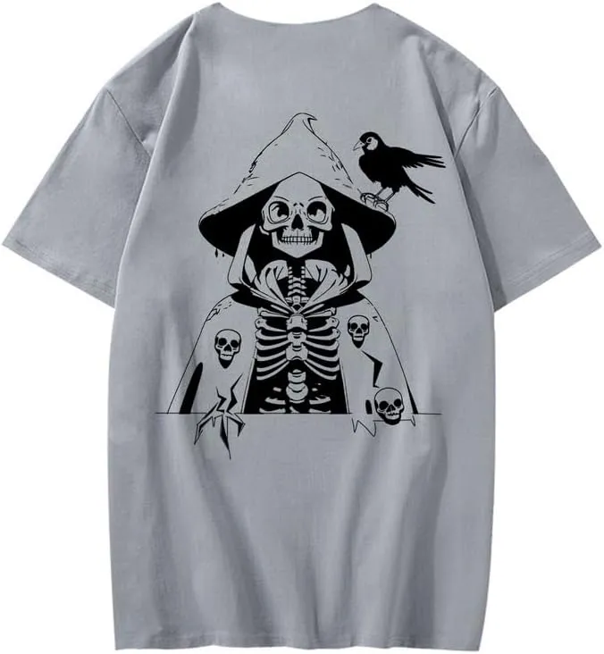 CORIRESHA Teen Skull Print T-Shirt Crewneck Short Sleeve Casual Cotton Halloween Costume