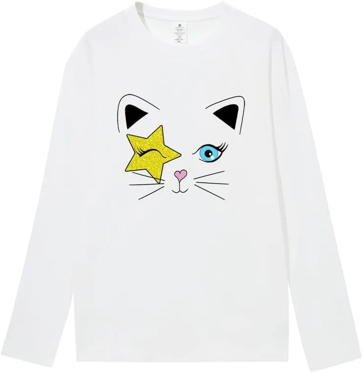 CORIRESHA Teen Y2k Star Graphic Crewneck Long Sleeve Cotton Cat Lover T-Shirt