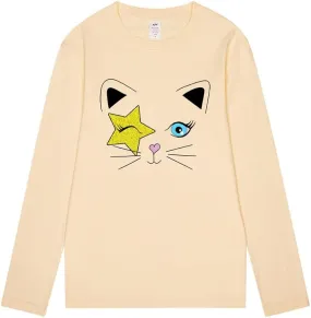 CORIRESHA Teen Y2k Star Graphic Crewneck Long Sleeve Cotton Cat Lover T-Shirt