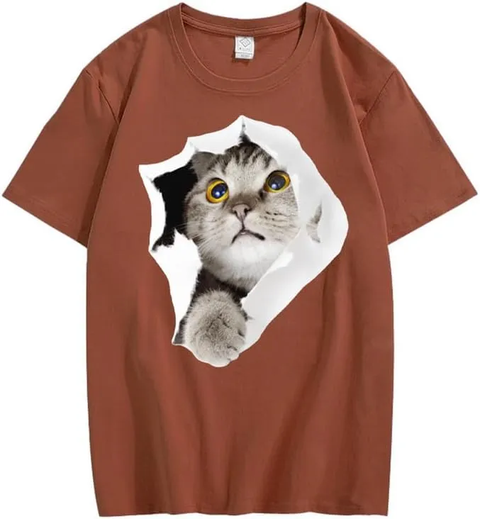 CORIRESHA Teen's Cute Cat Crew Neck Short Sleeve Casual Cozy Cotton T-Shirt