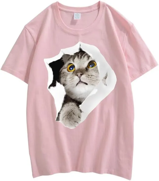 CORIRESHA Teen's Cute Cat Crew Neck Short Sleeve Casual Cozy Cotton T-Shirt