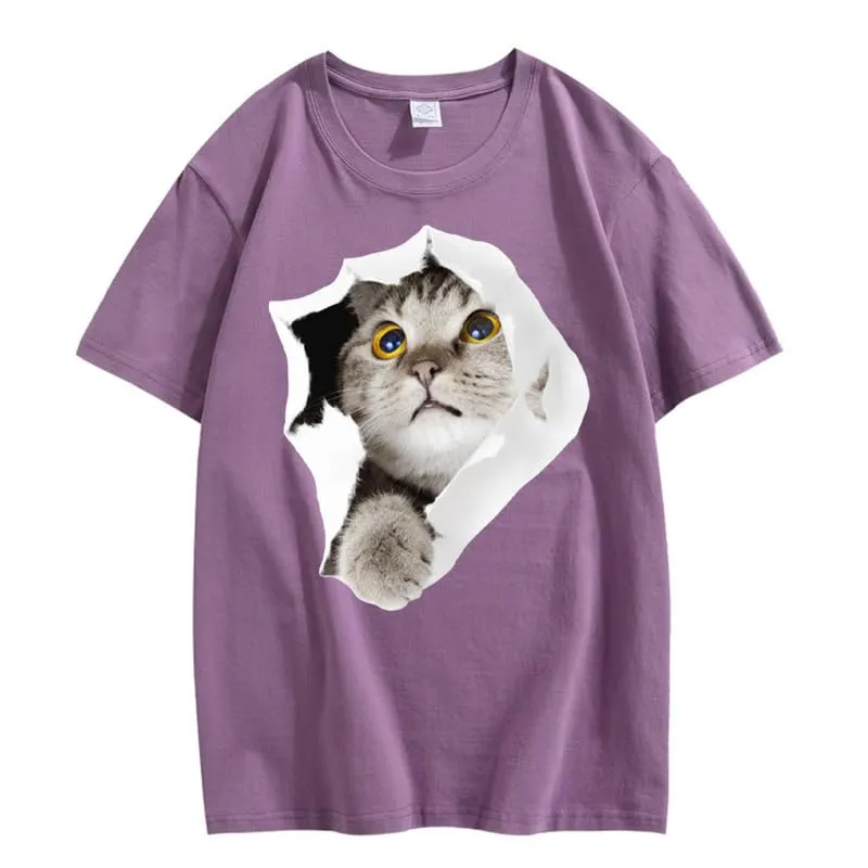 CORIRESHA Teen's Cute Cat Crew Neck Short Sleeve Casual Cozy Cotton T-Shirt