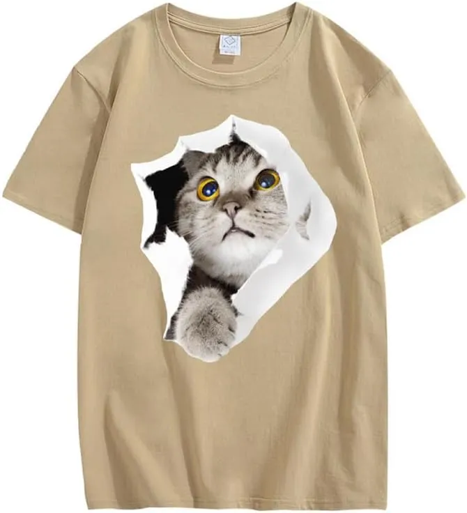 CORIRESHA Teen's Cute Cat Crew Neck Short Sleeve Casual Cozy Cotton T-Shirt