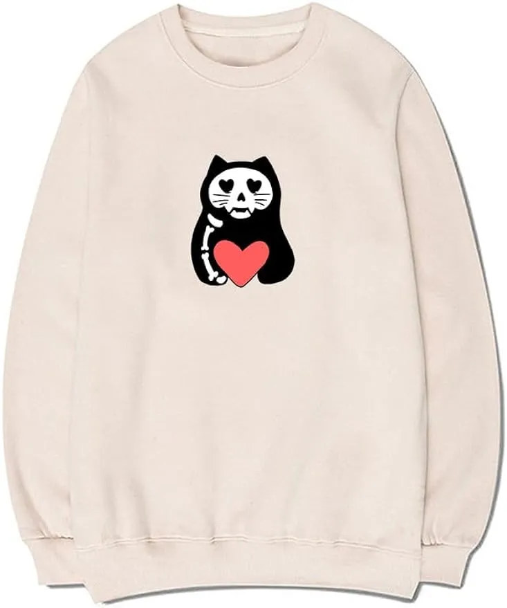 CORIRESHA Teens Funny Cat Hearts Crewneck Long Sleeves Cozy Basics Sweatshirts