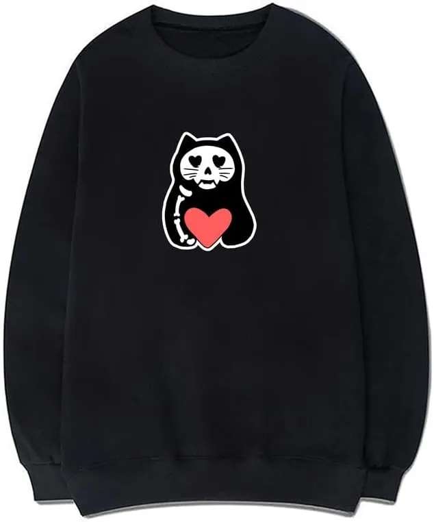 CORIRESHA Teens Funny Cat Hearts Crewneck Long Sleeves Cozy Basics Sweatshirts