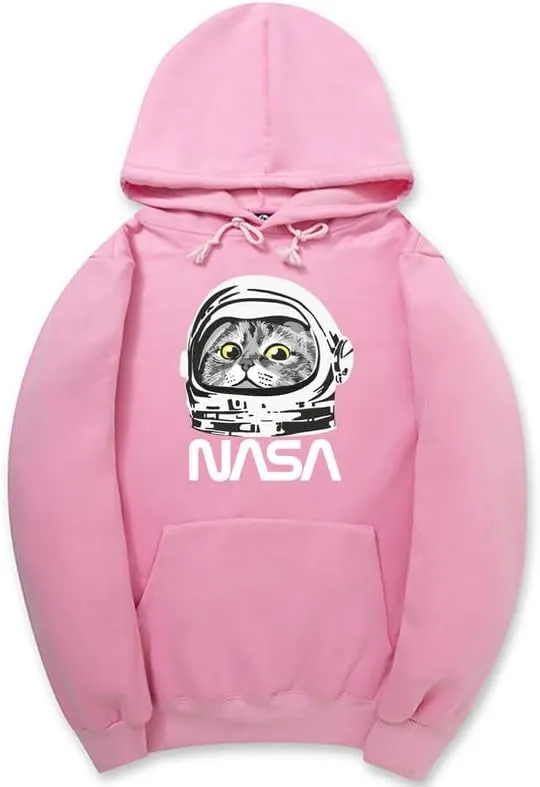 CORIRESHA Unisex Astronaut NASA Hoodie Casual Long Sleeve Drawstring Cute Cat Sweatshirt