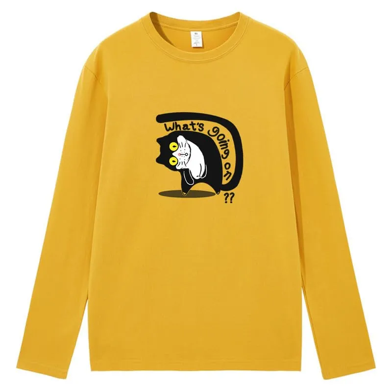 CORIRESHA Unisex Cat T-Shirt Crew Neck Long Sleeve Cotton Basic Cute Top