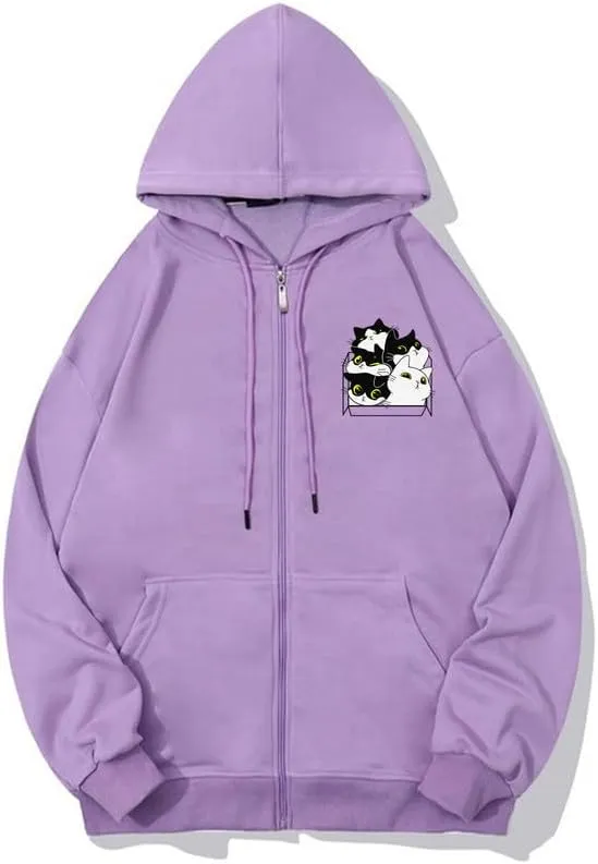 CORIRESHA Unisex Cute Cat Box Zip Hoodie Drawstring Comfy Sweatshirt Jacket