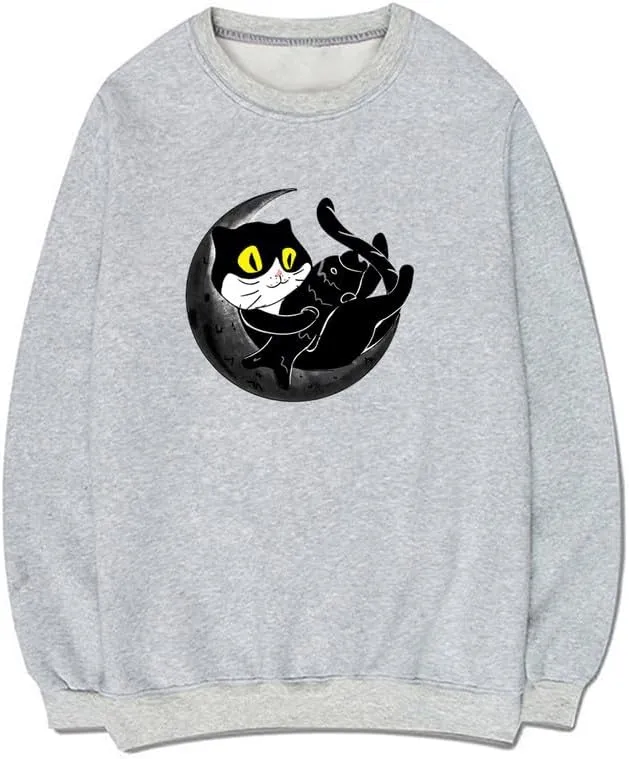 CORIRESHA Unisex Funny Cat Sweatshirt Crew Neck Long Sleeve Cozy Moon Pullover