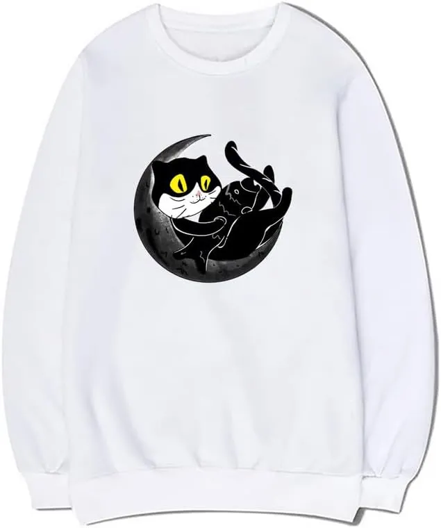 CORIRESHA Unisex Funny Cat Sweatshirt Crew Neck Long Sleeve Cozy Moon Pullover