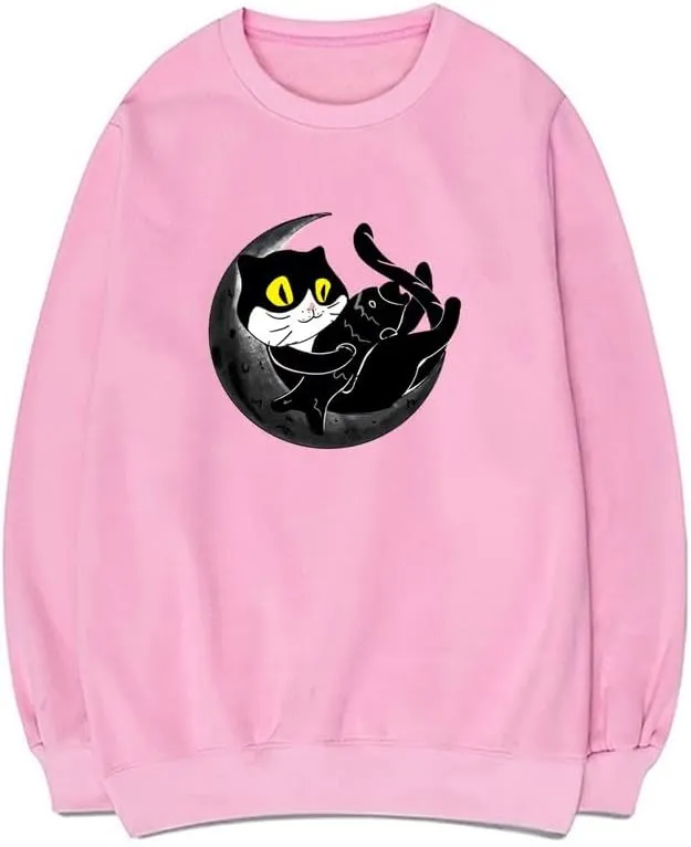 CORIRESHA Unisex Funny Cat Sweatshirt Crew Neck Long Sleeve Cozy Moon Pullover