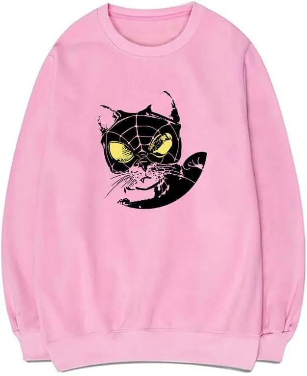 CORIRESHA Women's Cat lovers Pullover Crewneck Long Sleeves Casual Y2K Spider Web Sweatshirt