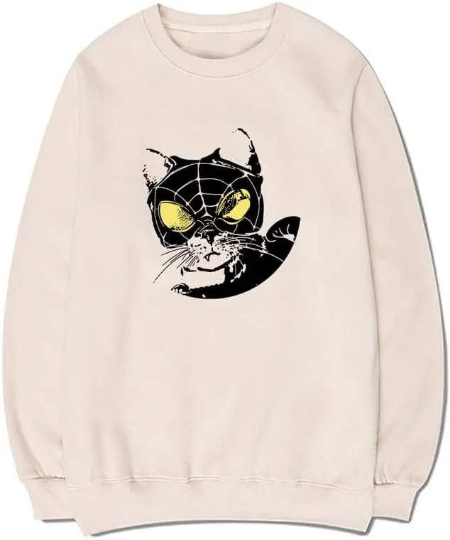 CORIRESHA Women's Cat lovers Pullover Crewneck Long Sleeves Casual Y2K Spider Web Sweatshirt