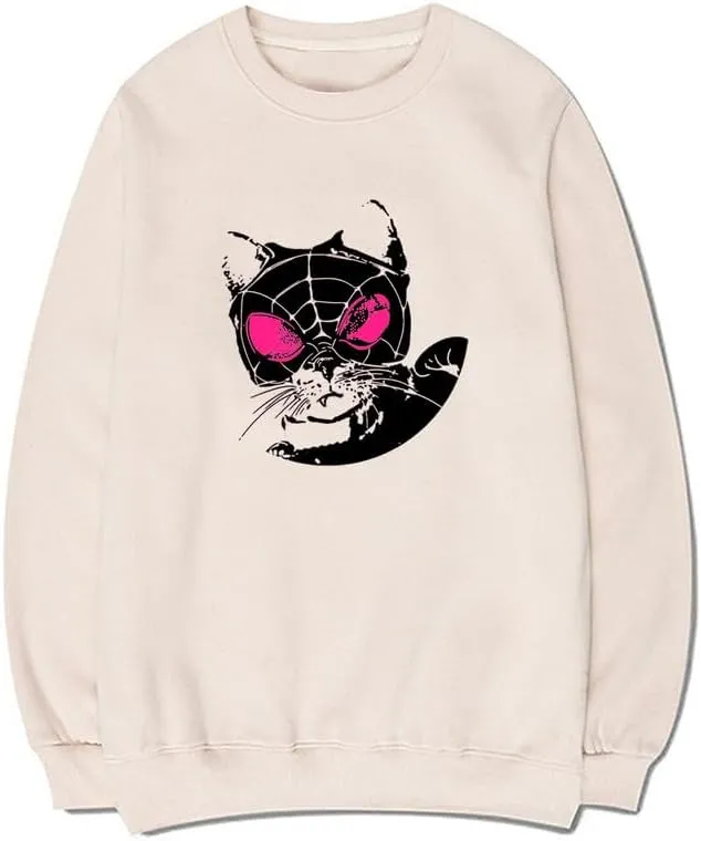 CORIRESHA Women's Cat lovers Pullover Crewneck Long Sleeves Casual Y2K Spider Web Sweatshirt