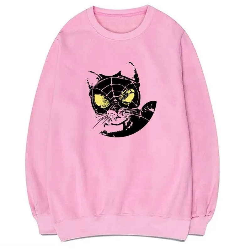 CORIRESHA Women's Cat lovers Pullover Crewneck Long Sleeves Casual Y2K Spider Web Sweatshirt