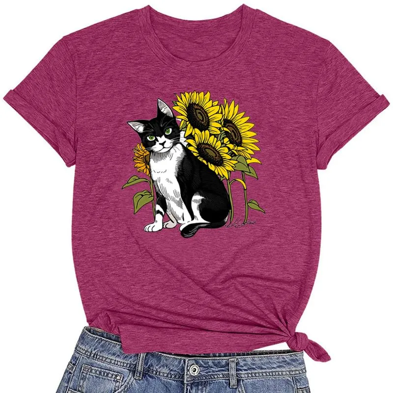 CORIRESHA Women's Cat Sunflower Crewneck Short Sleeve Casual Summer Cute T-Shirt