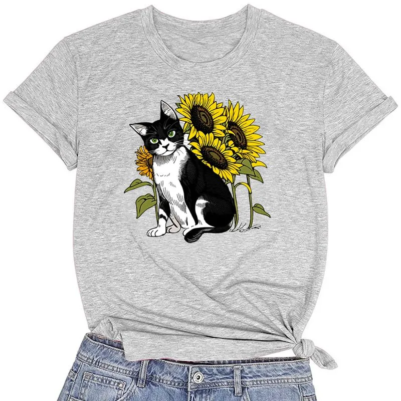 CORIRESHA Women's Cat Sunflower Crewneck Short Sleeve Casual Summer Cute T-Shirt