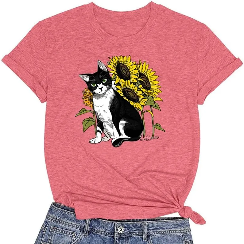 CORIRESHA Women's Cat Sunflower Crewneck Short Sleeve Casual Summer Cute T-Shirt