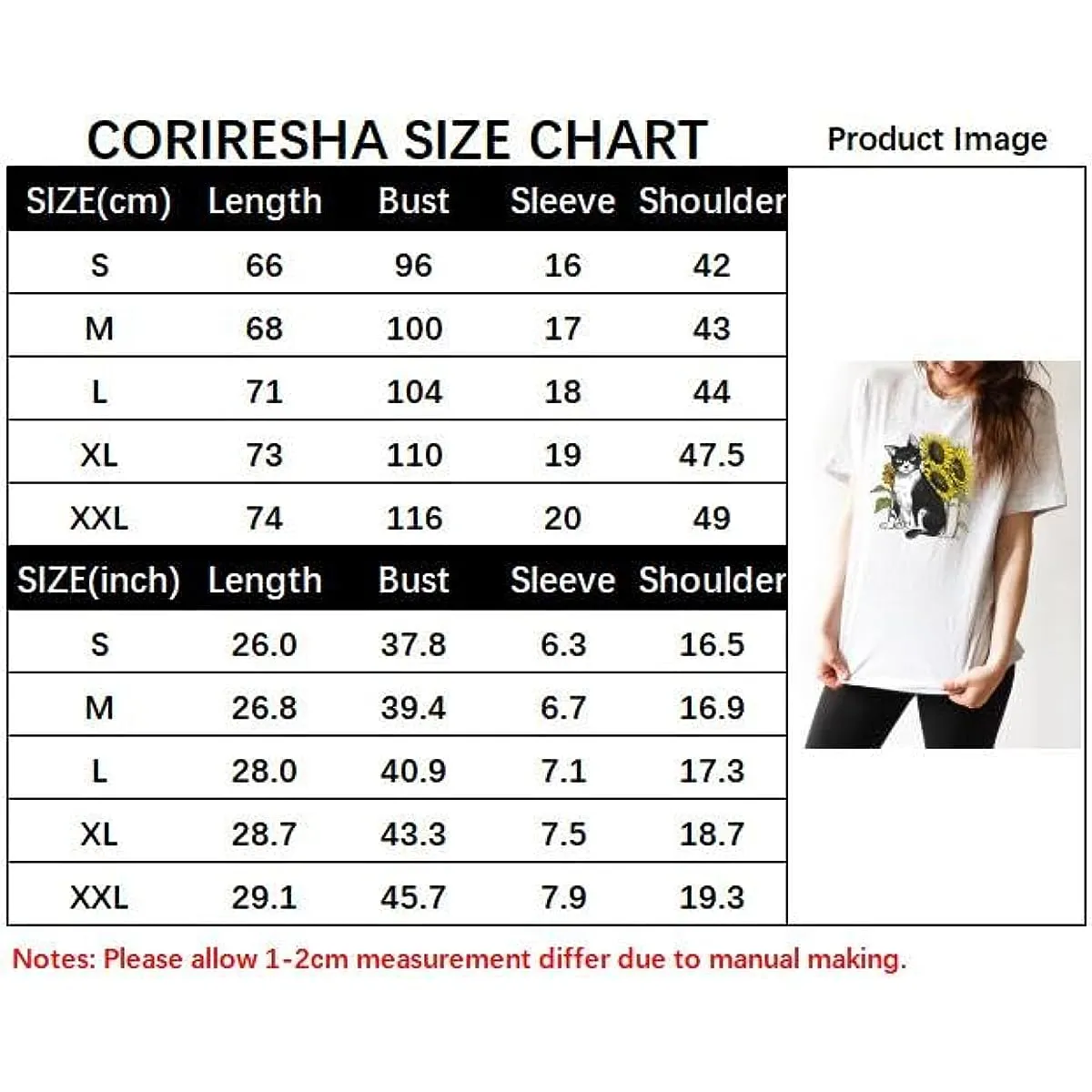 CORIRESHA Women's Cat Sunflower Crewneck Short Sleeve Casual Summer Cute T-Shirt